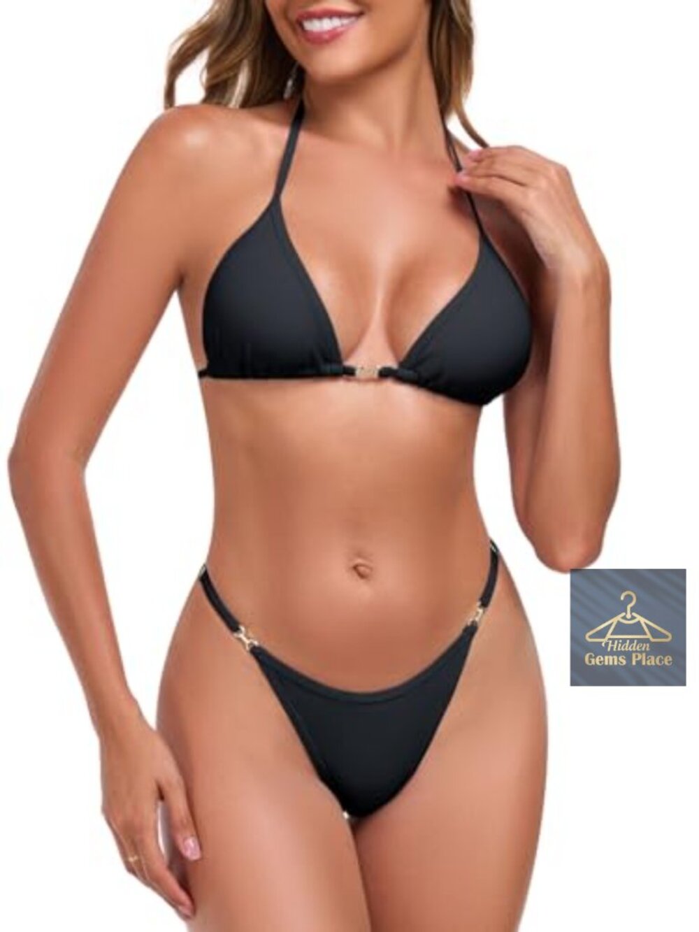 Women's Triangle Halter Thong Bikini Set Two Piece Swimwear Polyamide Spandex